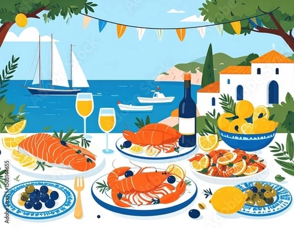 Obraz Coastal Feast Lobster Lemons and Sailboats in a Mediterranean Setting