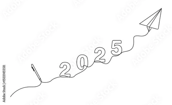 Fototapeta a minimalist continuous line depicting the year 2025 flowing from pen to paper plane. calendars, inspirational posters, to business strategy and personal planning materials.