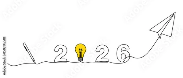 Fototapeta A one line illustration of the year 2026 combined with symbolic elements of a pen, a yellow light bulb idea, and a paper airplane. Future planning, and the spirit of the new year