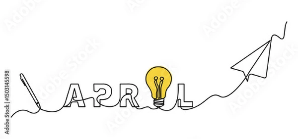 Fototapeta Minimalist single line illustration featuring the word April with creative symbols such as idea bulbs, digital pens, and paper airplanes, connected in one continuous line.
