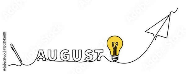 Fototapeta Minimalist single line illustration featuring the word August with creative symbols such as idea bulbs, digital pens, and paper airplanes, connected in one continuous line.