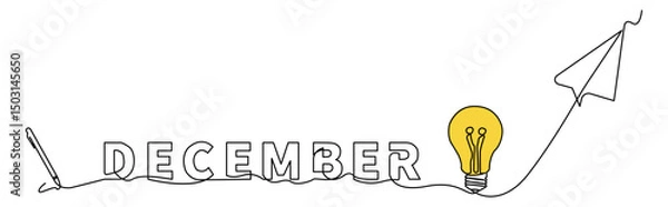 Fototapeta Minimalist single line illustration featuring the word December with creative symbols such as idea bulbs, digital pens, and paper airplanes, connected in one continuous line.