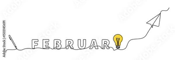 Fototapeta Minimalist single line illustration featuring the word February with creative symbols such as idea bulbs, digital pens, and paper airplanes, connected in one continuous line.