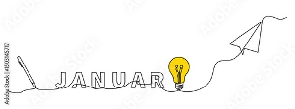 Fototapeta Minimalist single line illustration featuring the word JANUARY with creative symbols such as idea bulbs, digital pens, and paper airplanes, connected in one continuous line.