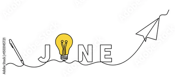 Fototapeta Minimalist single line illustration featuring the word June with creative symbols such as idea bulbs, digital pens, and paper airplanes, connected in one continuous line.