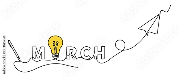 Fototapeta Minimalist single line illustration featuring the word March with creative symbols such as idea bulbs, digital pens, and paper airplanes, connected in one continuous line.