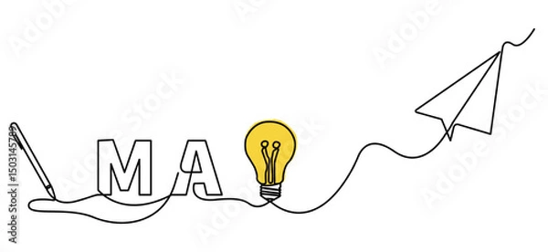 Fototapeta Minimalist single line illustration featuring the word May with creative symbols such as idea bulbs, digital pens, and paper airplanes, connected in one continuous line