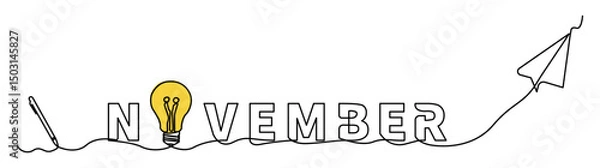 Fototapeta Minimalist single line illustration featuring the word November with creative symbols such as idea bulbs, digital pens, and paper airplanes, connected in one continuous line.