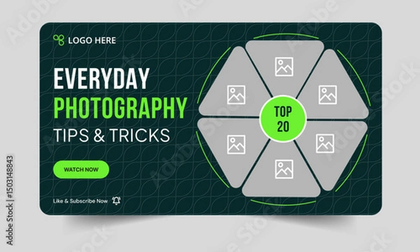 Fototapeta Trendy photography daily tips and tricks video thumbnail banner design, daily photography learning tips and techniques video cover banner design, editable vector eps 10 file format