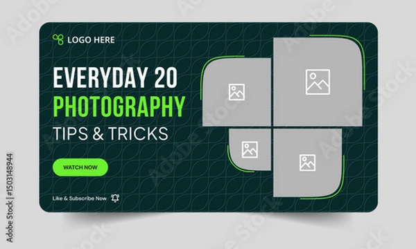 Fototapeta Trendy photography daily tips and tricks video thumbnail banner design, daily photography learning tips and techniques video cover banner design, editable vector eps 10 file format