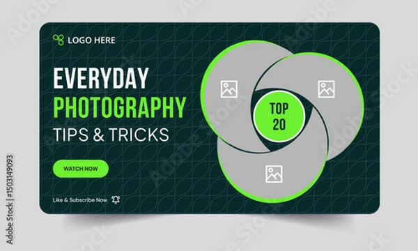 Fototapeta Trendy photography daily tips and tricks video thumbnail banner design, daily photography learning tips and techniques video cover banner design, editable vector eps 10 file format
