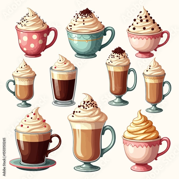 Fototapeta Set of vintage-style coffee cups filled with creamy coffee, topped with whipped cream and sprinkles in a warm, cozy illustration.
