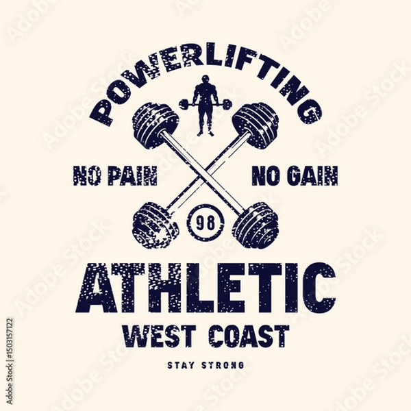Obraz Sport emblem with powerlifter silhouette. Graphic design with rough texture for t-shirt. Black print on white background