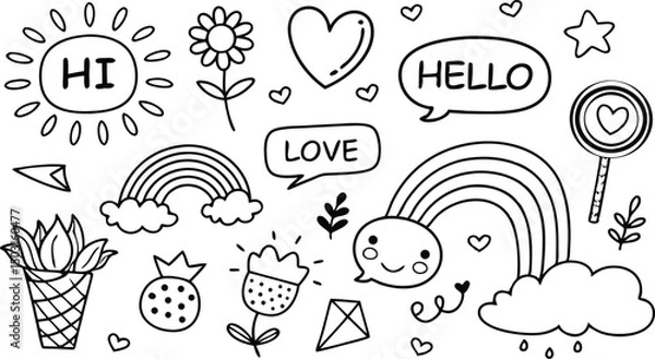 Fototapeta cute hand drawn doodle vector set,a seamless vector doodle illustration in black and white. love, Natural , firework, cloud, weather, rainbow, snow, heart and creative design vector collection.