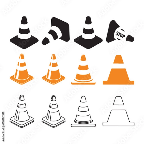 Fototapeta Traffic cones set with orange safety cones for road construction and caution