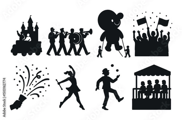 Fototapeta Parade and celebration silhouette icons set – festive, carnival and joyful symbols