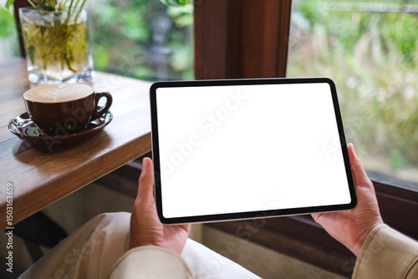 Fototapeta Mockup image of a woman holding digital tablet with blank white desktop screen