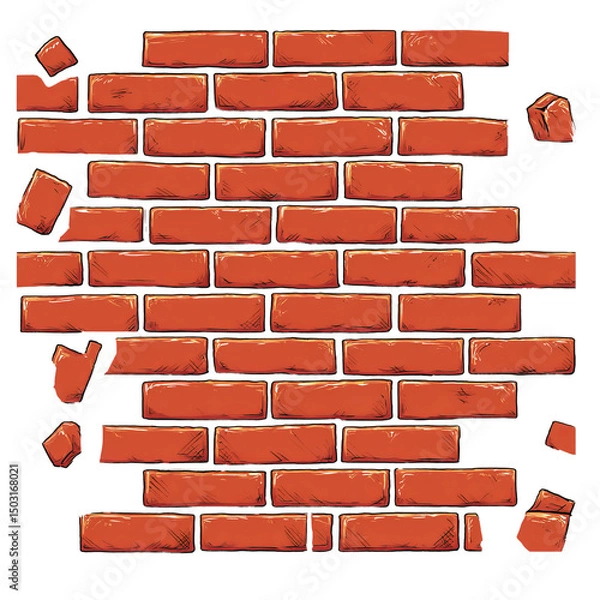 Obraz A detailed illustration of a red brick wall, with some bricks appearing to be broken or falling off. This artwork could represent the theme of construction, destruction, or even resilience