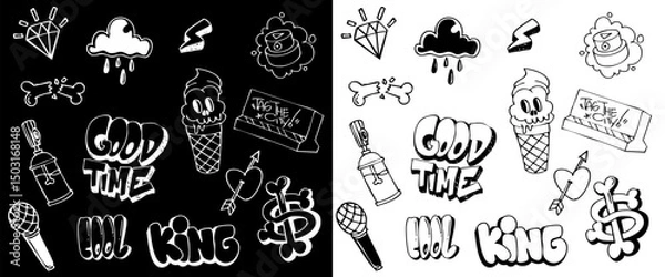 Fototapeta Doodle set graffiti background. hand-drawn style graffiti elements black and white color illustration