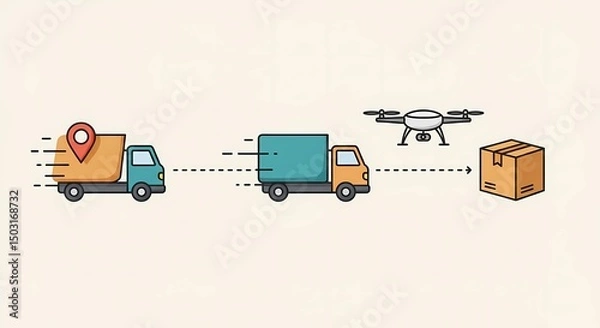 Obraz Delivery process illustrated with trucks and drone transporting package  