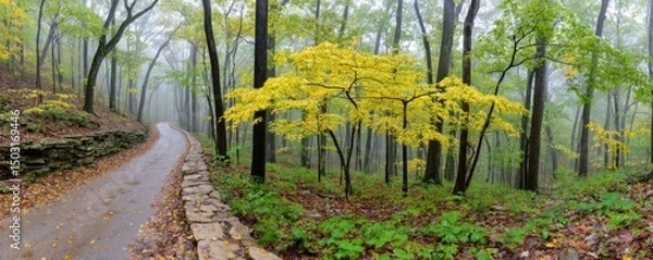 Fototapeta Autumn walk through misty forest serene nature path scenic landscape peaceful environment eye-level view tranquility and beauty