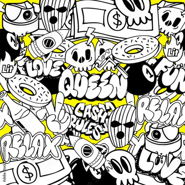 Fototapeta Doodle graffiti background vector illustration. Hand drawing of graffiti doodle elements.