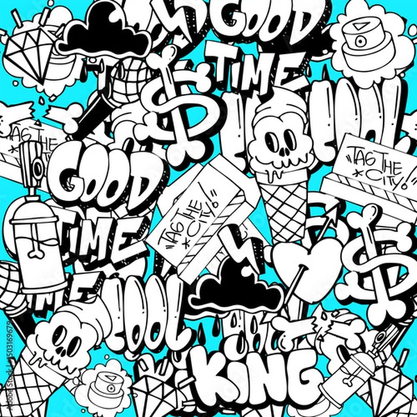 Fototapeta Doodle graffiti background vector illustration. Hand drawing of graffiti doodle elements.