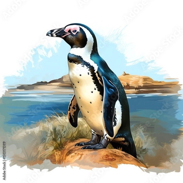 Obraz A penguin stands on a sandy beach