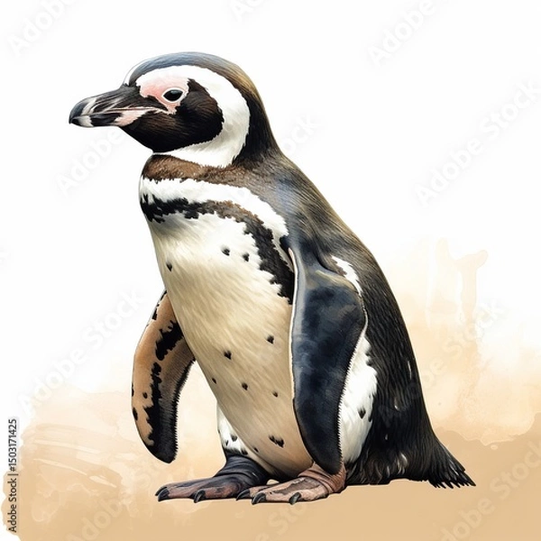 Obraz A penguin stands on a sandy beach