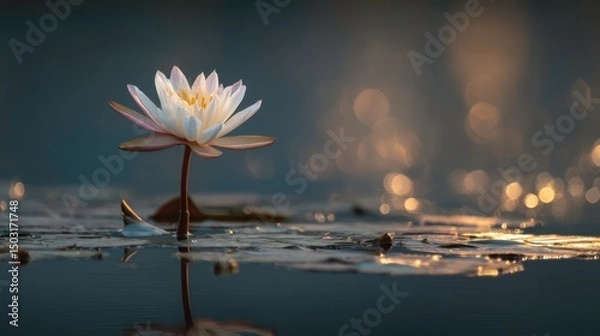 Obraz A single lotus flower blooming in a calm pond, reflecting moonlight, symbol of purity and awakening -
