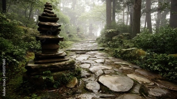Obraz A stone path leading to a quiet forest temple, fog rising gently, symbolizing the journey inward and mindfulness --ar 16:9 --v 7 Job ID: 4b8e7e54-2e4f-4276-9547-69202ae3bd95