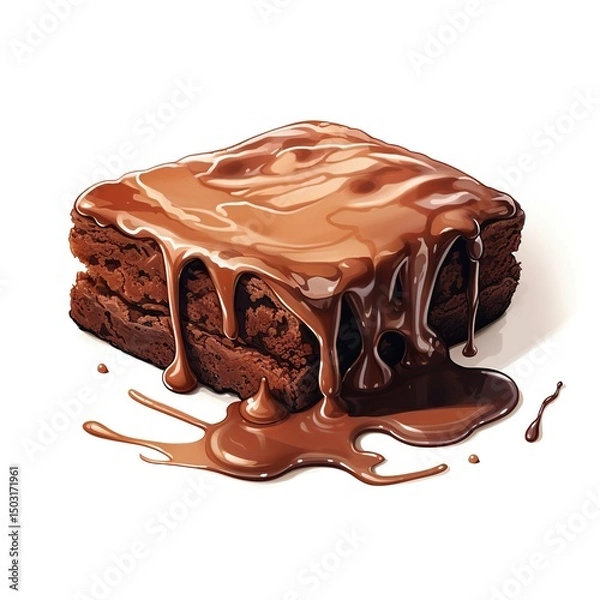 Obraz A chocolate brownie with chocolate drizzle on top , isolated on white background.