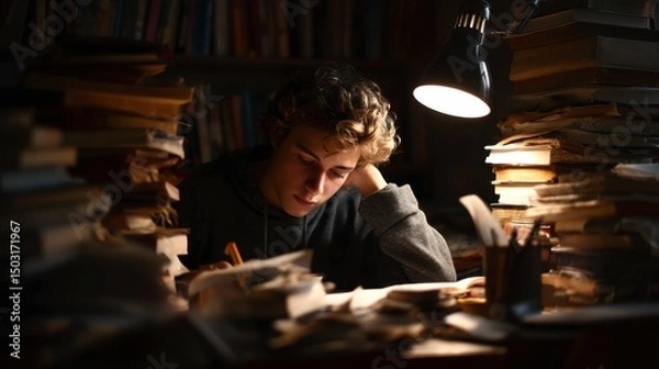Obraz A young person studying intensely at a desk filled with books, soft light from a desk lamp, determination on their face 