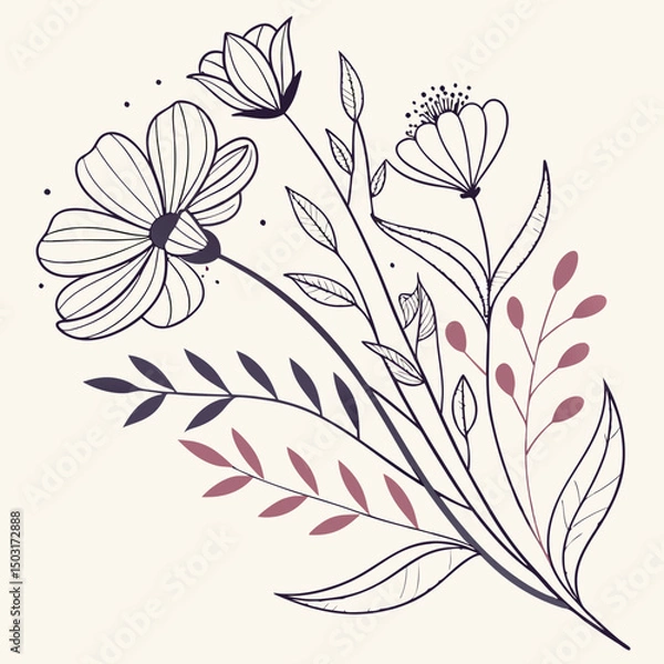 Fototapeta Soft Hand-Drawn Floral Illustration Vector with Delicate Lines, Elegant Details, and Romantic Nature Elements

