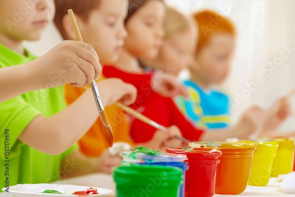 Fototapeta Children focused on painting with watercolors at a classroom table, surrounded by classmates engaged in creative art activities, showcasing the joy of artistic expression and learning