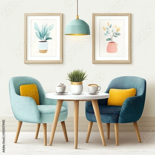 Fototapeta Cozy Interior: A meticulously designed space, featuring two inviting armchairs set around a quaint table, adorned with a delicate plant, artful decor, and overhead illumination
