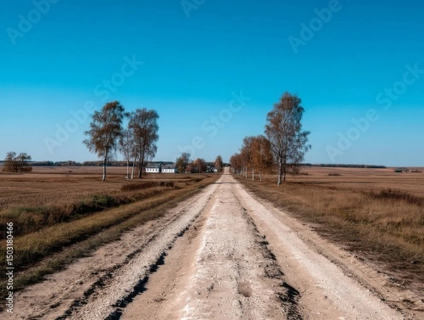 Obraz Rural journey along a dusty road serene countryside photo autumn landscape wide view tranquility and nature exploration