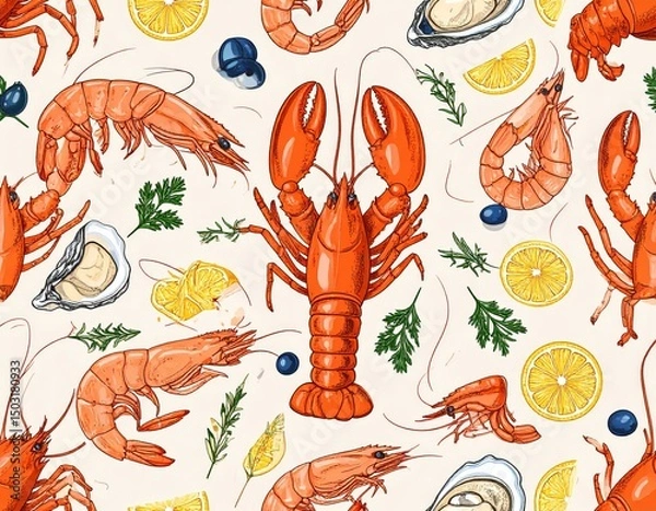 Fototapeta Seafood Delight Lobster Shrimp Oysters Lemon and Herbs Pattern