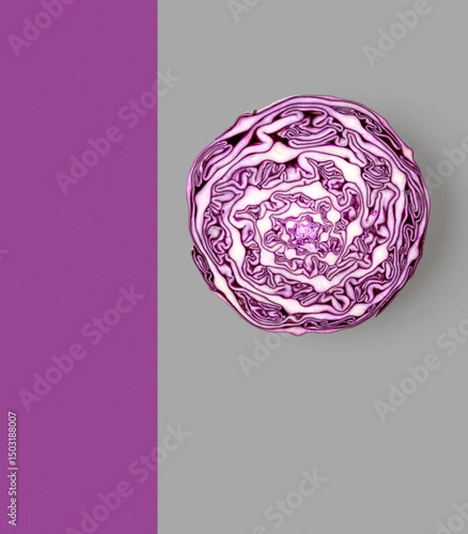 Obraz Red cabbage slice photography abstract poster on grey and purple background.