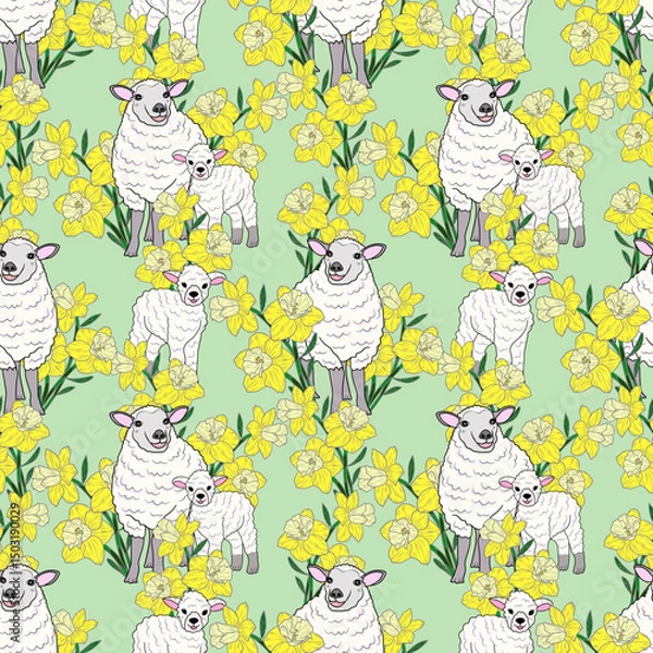 Obraz Sheep and flowers pattern design, green background