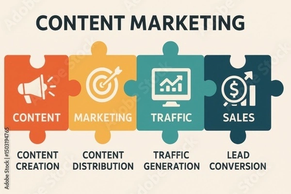 Obraz Content Marketing Puzzle with Creation Distribution Traffic and Sales