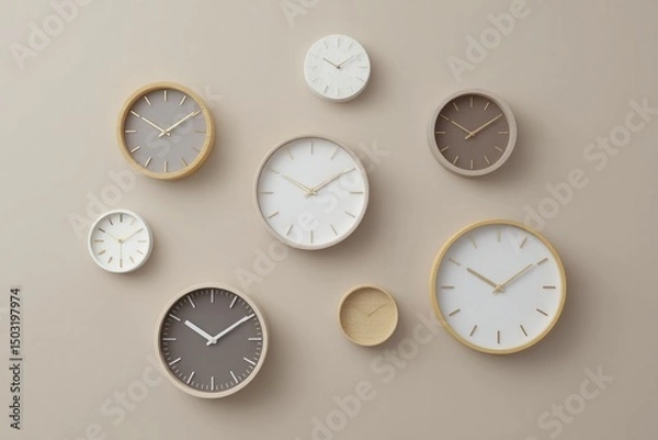Fototapeta array of diverse clocks symbolizing time each in unique style under soft muted lighting