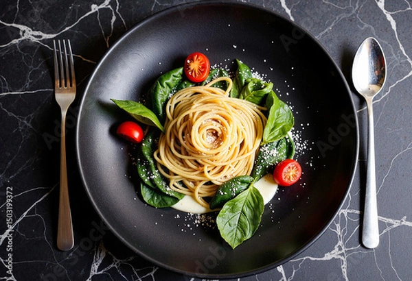 Obraz Elegant Spaghetti Dish with Spinach and Cherry Tomatoes