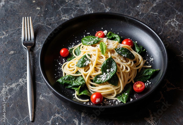 Fototapeta Classic Italian pasta dish with cherry tomatoes and spinach on a black plate with a slate surface