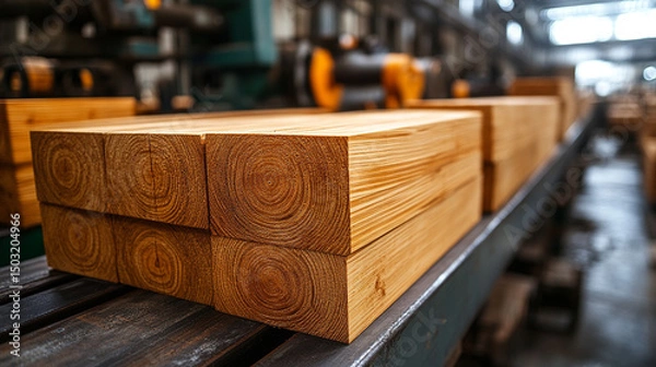 Fototapeta Stacked hinoki lumber showcasing rich natural wood grain patterns. Vertical arrangement highlights smooth texture, durability, and organic beauty. Ideal for construction, architecture, and industrial 