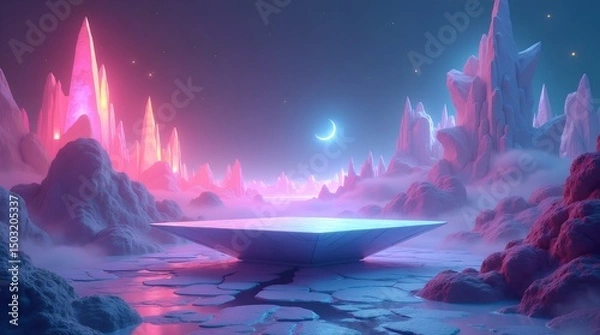 Fototapeta Neon Dreamscape Futuristic Metaverse Landscape with Glowing Crystals and a Crescent Moon