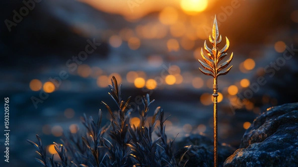 Fototapeta Stylized gold trident placed against a bright, blurred natural background with coral and rocks. Elegant, mythological, and symbolic imagery suitable for fantasy, mythology, and creative design concept