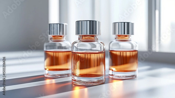 Fototapeta Transparent glass vial with metallic cap standing upright on a clean light background. Minimalistic 3D rendering mockup concept, ideal for branding, packaging design, and pharmaceutical product presen