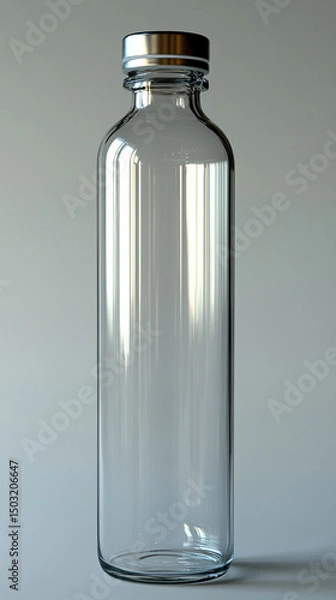 Fototapeta Transparent glass vial with metallic cap standing upright on a clean light background. Minimalistic 3D rendering mockup concept, ideal for branding, packaging design, and pharmaceutical product presen
