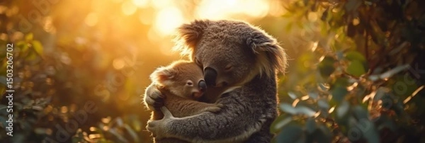 Fototapeta Koala mother gently embraces her joey in a lush forest during golden hour at sunset in Australia